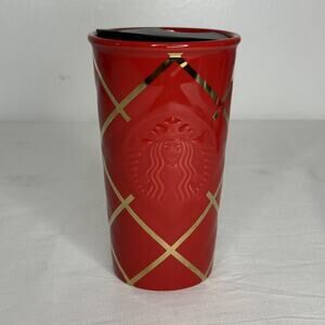 Starbucks Red Ceramic Travel Mug 10 oz 2016 Holiday Gold Lattice Embossed Logo
